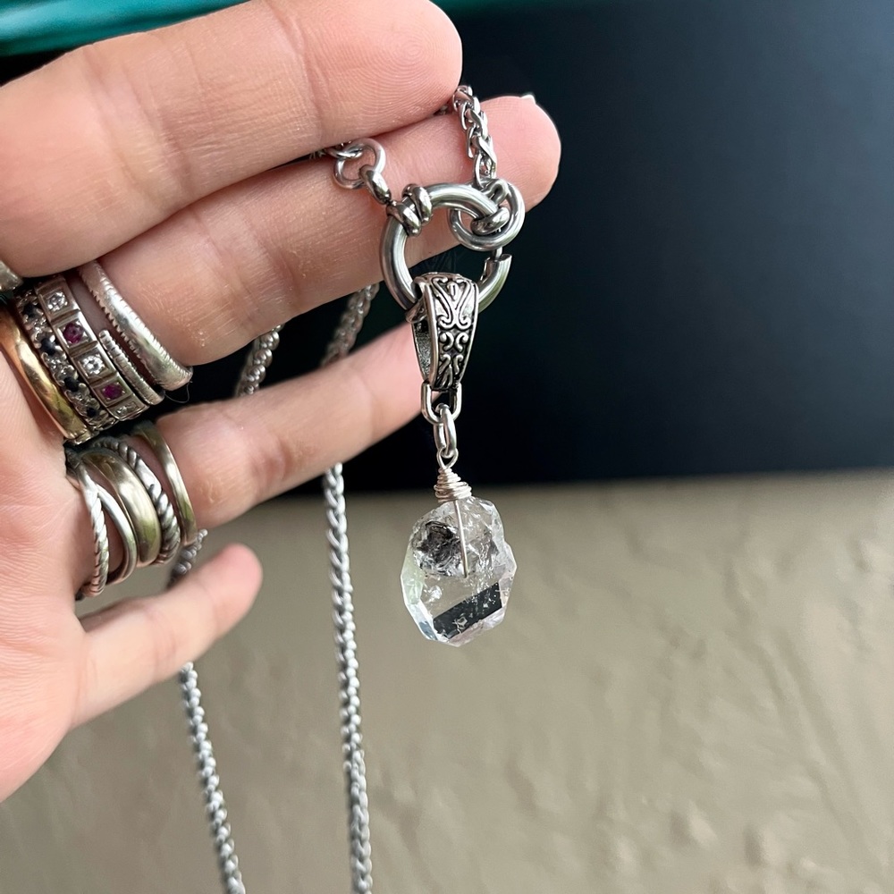 Genuine big herkimer diamond stainless steel wheat chain clasp in front necklace - Picture 2 of 15